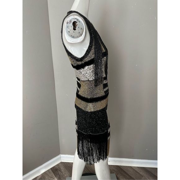 NWT NAEEM KHAN BEADED FRINGE MINI DRESS IN GOLD MULTI $5995 - Picture 7 of 11